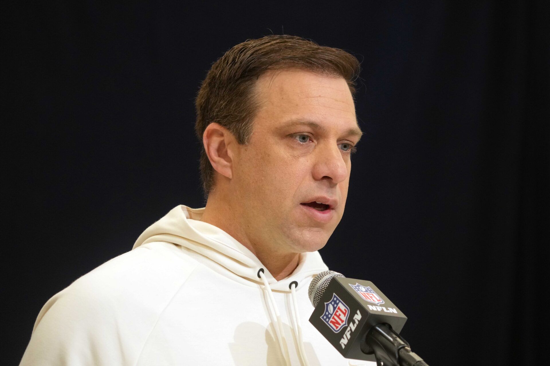 Kansas City Chiefs general manager Brett Veach speaks during the NFL Scouting Combine at the Indiana Convention Center.