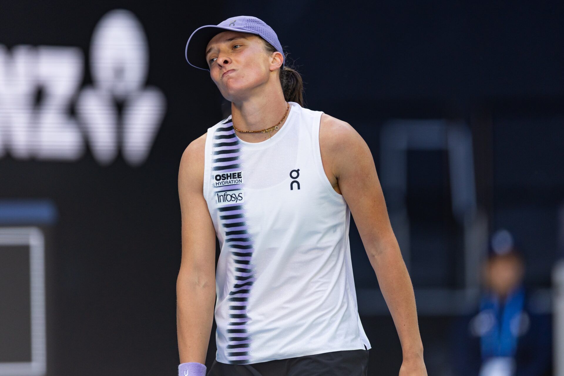 Iga Swiatek of Poland in action against Marie Bouzkova of Czech Republic in the second round of the womens singles at the Australian Open at John Cain Arena in Melbourne Park.
