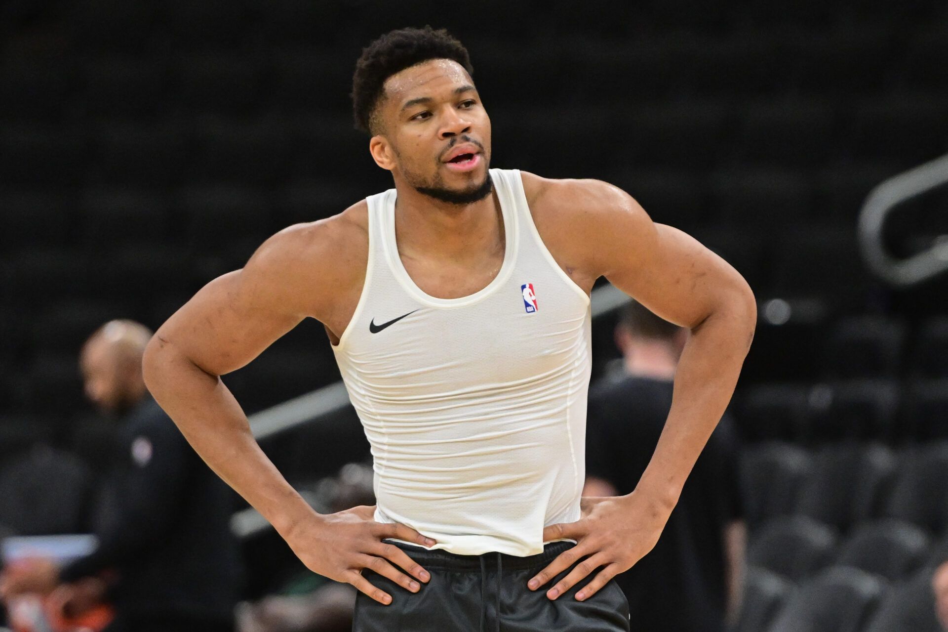 Milwaukee Bucks forward Giannis Antetokounmpo (34) warms up before the game against the Boston Celtics at Fiserv Forum.