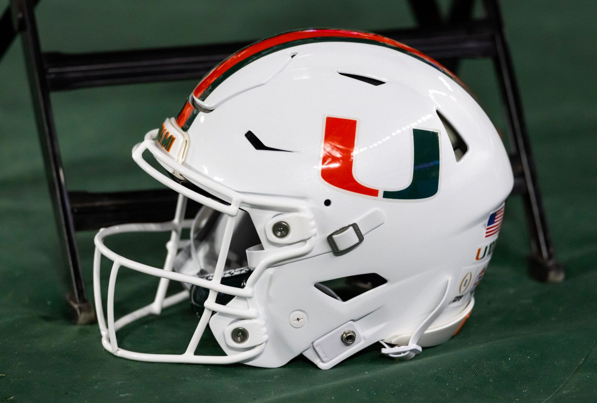 Detailed view of a Miami Hurricanes helmet during the 2026 Fiesta Bowl and semifinal game of the College Football Playoff at State Farm Stadium.