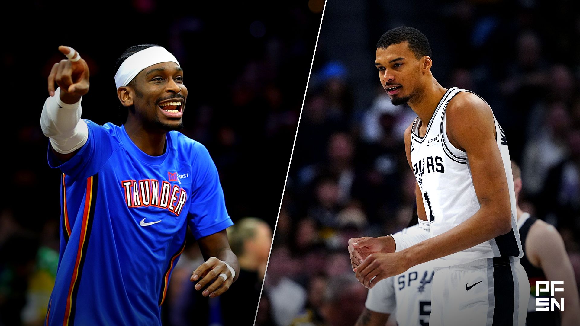 Collage featuring NBA: Oklahoma City Thunder at Philadelphia 76ers and NBA: San Antonio Spurs at Denver Nuggets.// Bill Streicher-Imagn Images / Ron Chenoy-Imagn Images