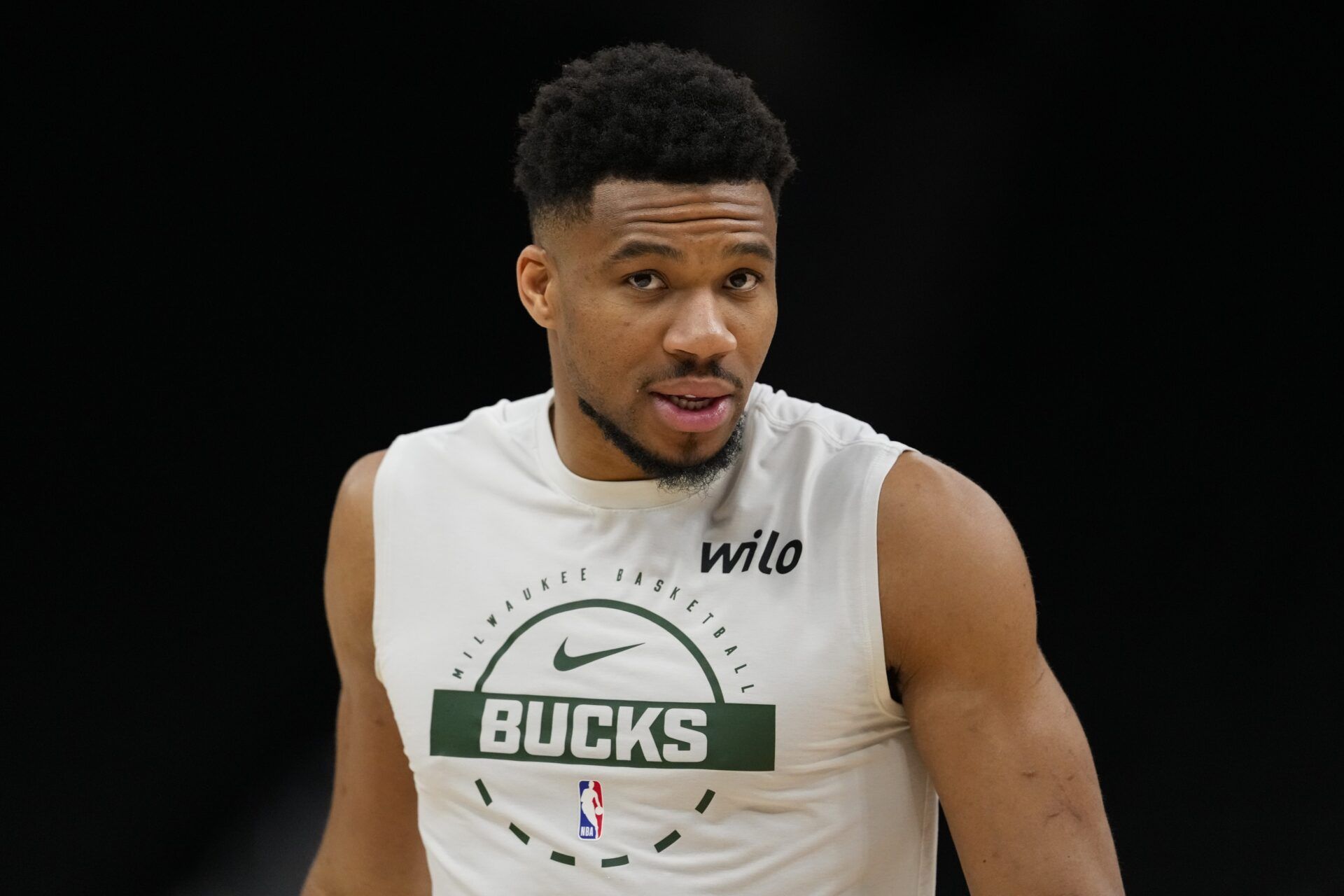 Milwaukee Bucks forward Giannis Antetokounmpo (34) during warmups prior to the game against the San Antonio Spurs at Fiserv Forum.