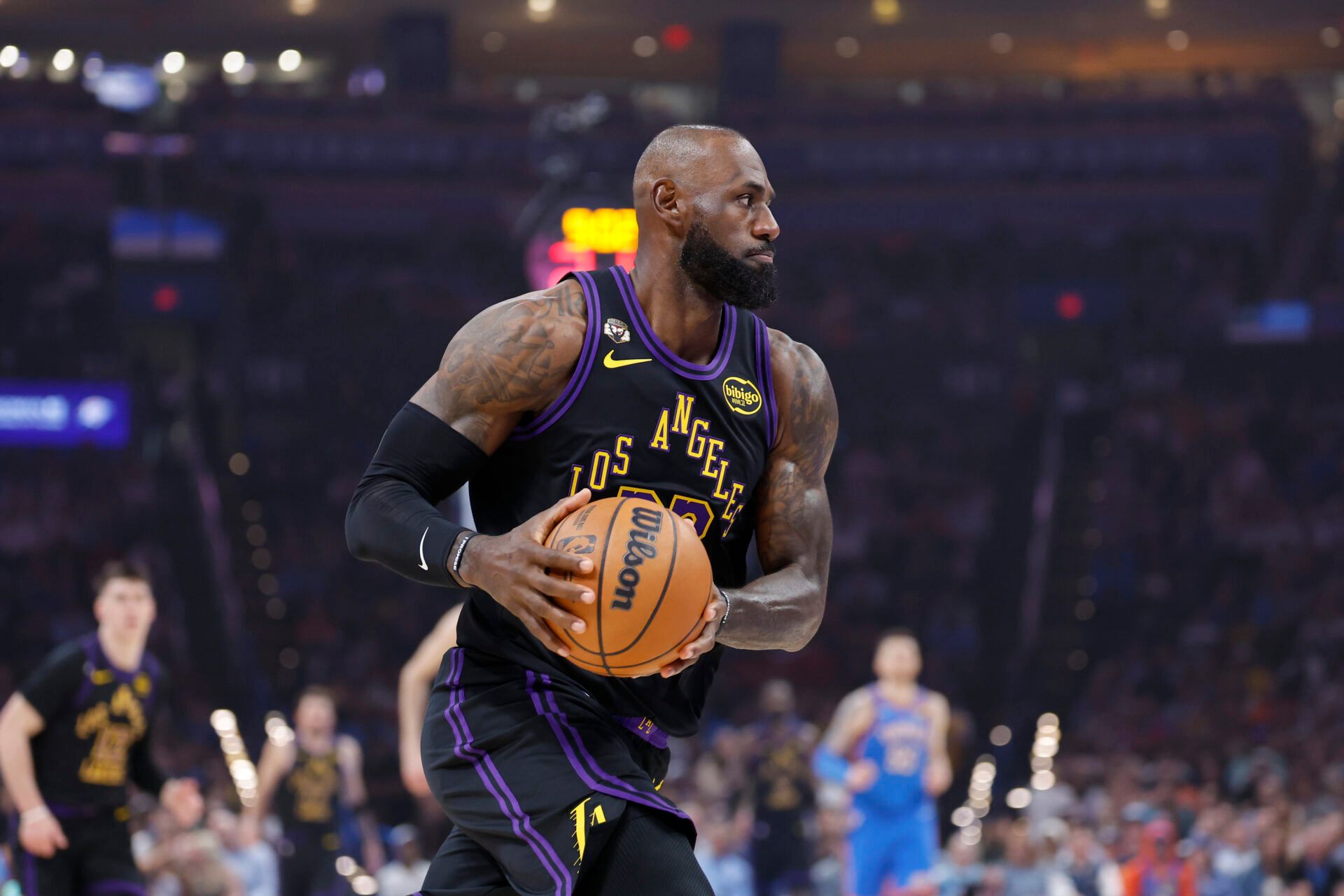 Los Angeles Lakers forward LeBron James (23) drives to the basket against the Oklahoma City Thunder during the first quarter at Paycom Center.