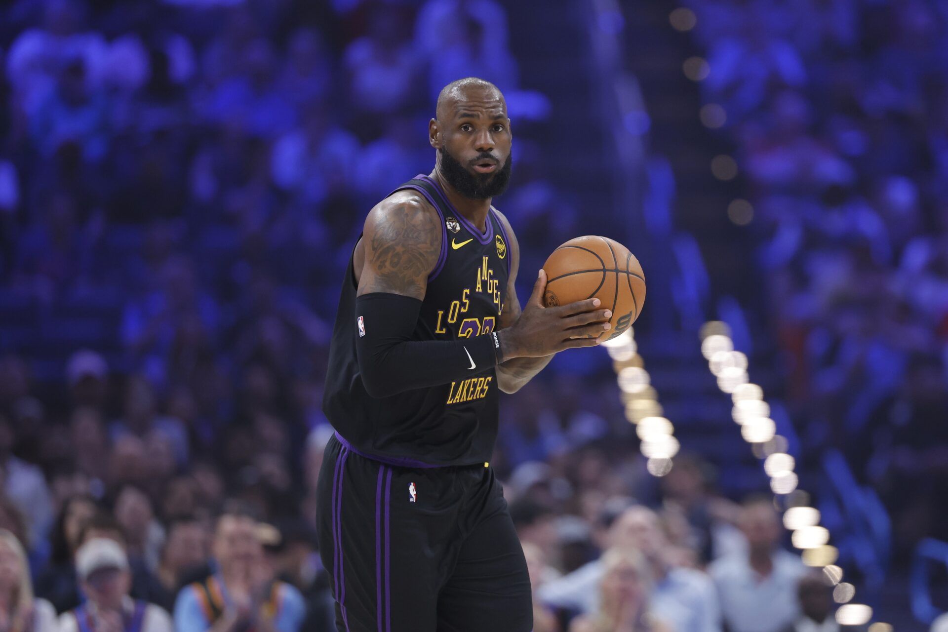 Los Angeles Lakers forward LeBron James (23) moves the ball down the court against the Oklahoma City Thunder during the first quarter at Paycom Center.