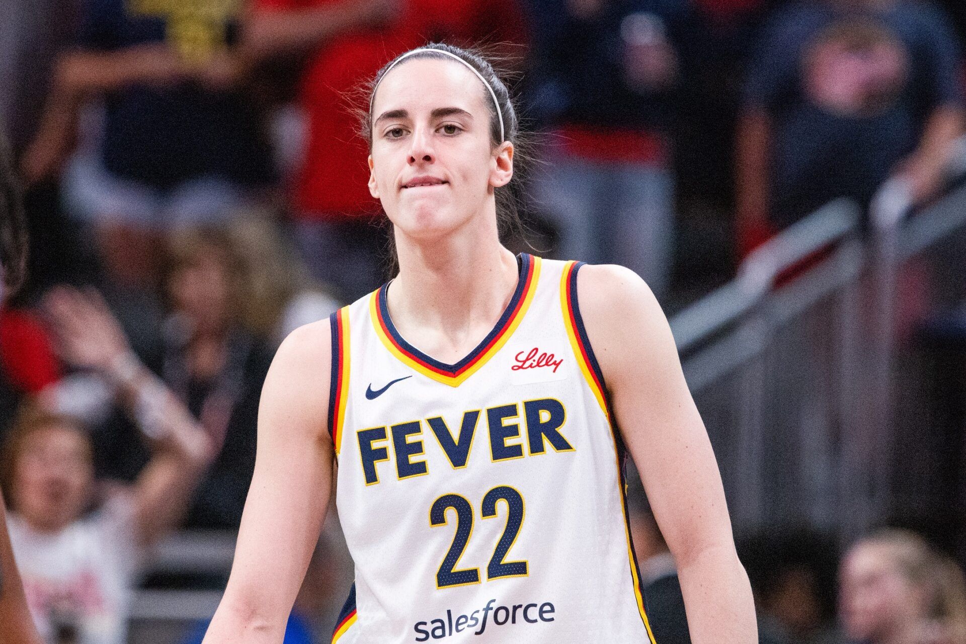 Indiana Fever guard Caitlin Clark (22) in the first half against Golden State Valkyries at Gainbridge Fieldhouse.