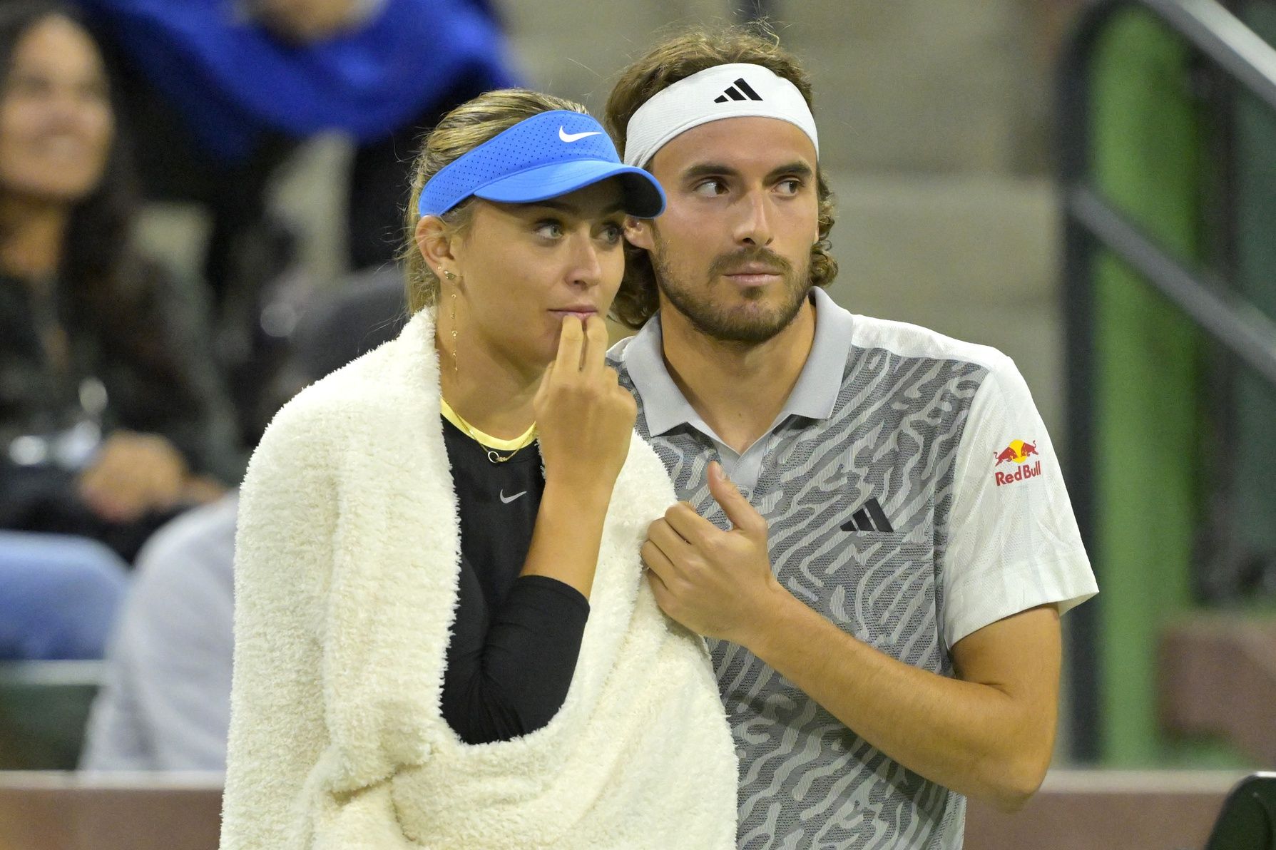 Paula Badosa and Stefanos Tsitsipas watch the action in the Eisenhower Cup Tie Break Tens event featuring mixed doubles during the BNP Paribas Open at the Indian Wells Tennis Garden.