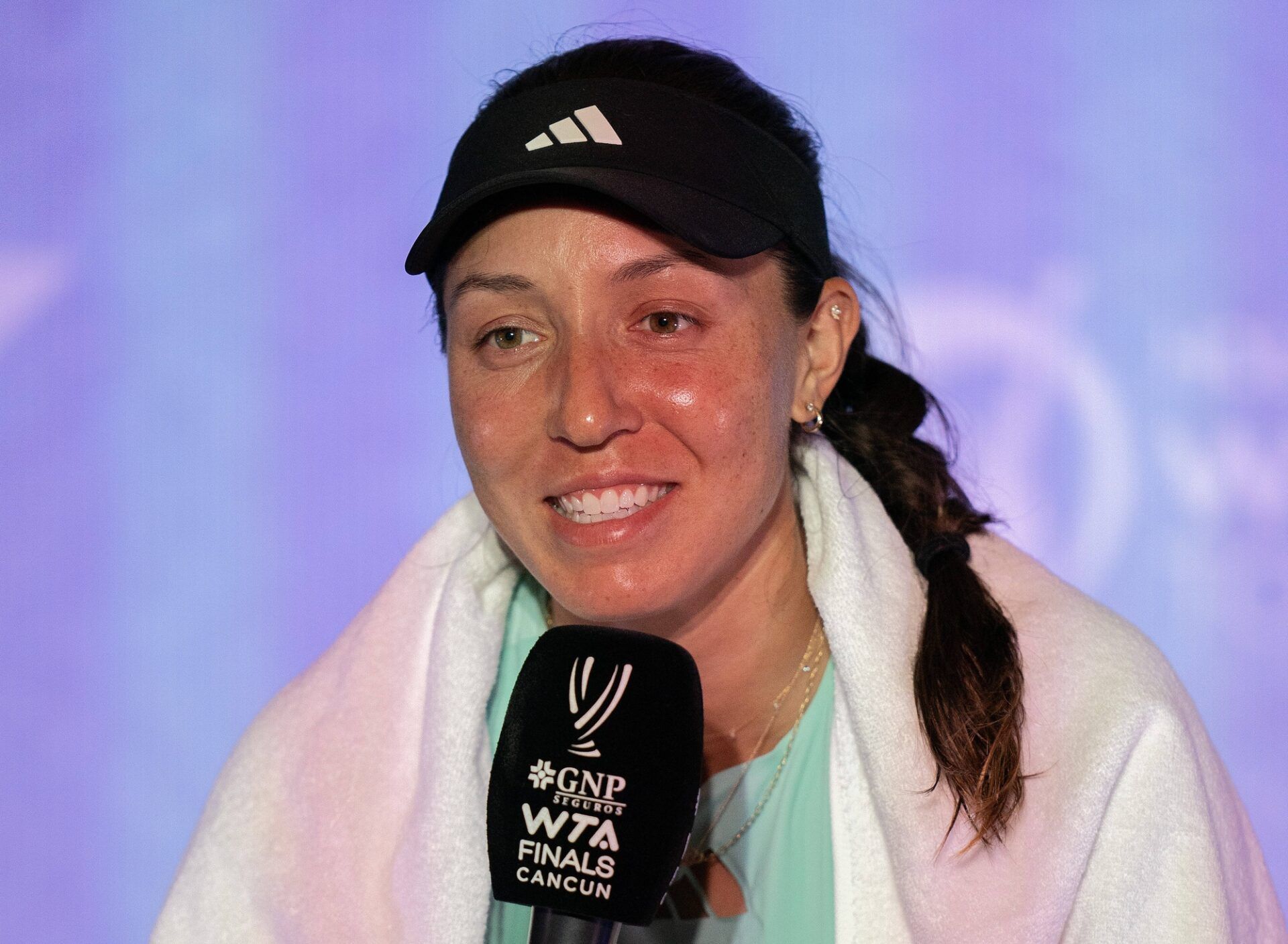 Jessica Pegula (USA) in her press conference after her match against  Aryna Sabalenka on day three of the GNP Saguaros WTA Finals Cancun.