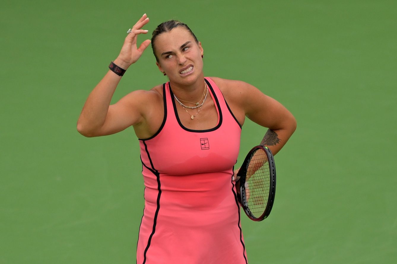 Aryna Sabalenka (BEL) reacts after missing a point in her the semi final match defeating Linda Noskova (CZE) during the BNP Paribas Open at the Indian Wells Tennis Garden.