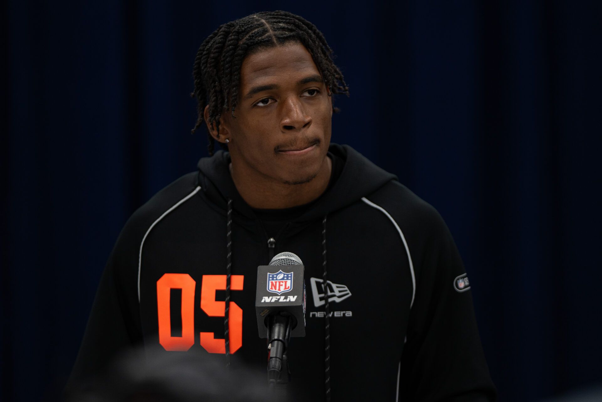 UConn wideout Skyler Bell (WO05) speaks to members of the media during the NFL Combine at the Indiana Convention Center.