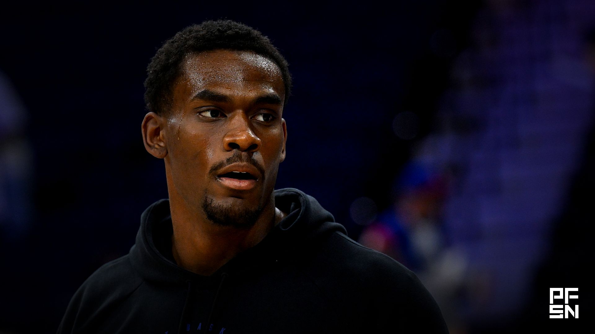 Jalen Duren #0 of the Detroit Pistons during warmups against the Philadelphia 76ers at Xfinity Mobile Arena.