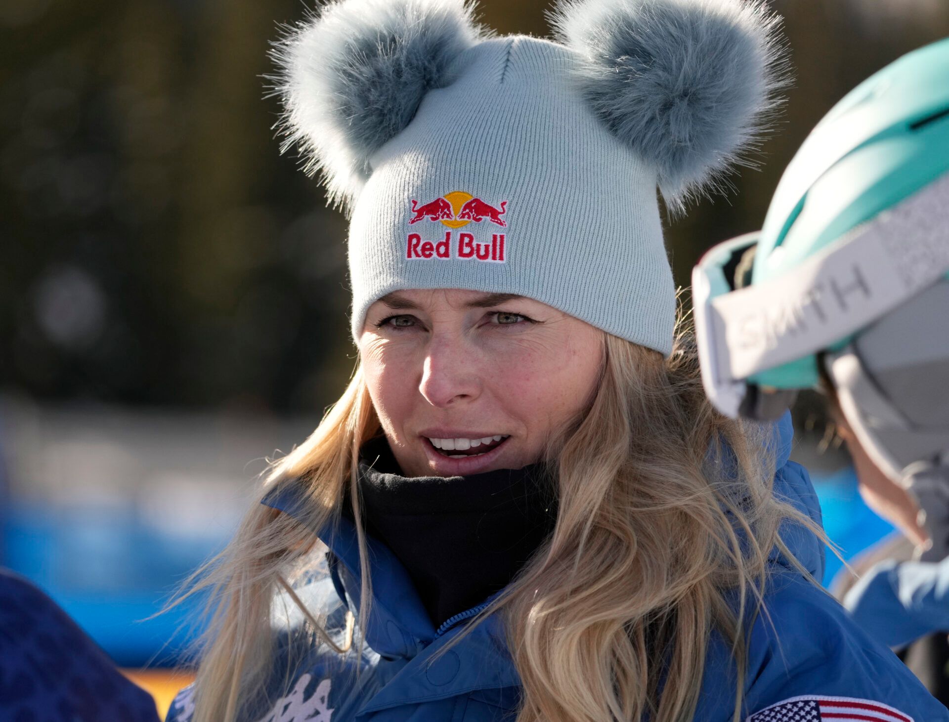 Lindsey Vonn of the United States in the finish area after completing the course as a forerunner during women's downhill training for the 2024 Stifel Birds of Prey Audi FIS alpine skiing World Cup at Birds of Prey.