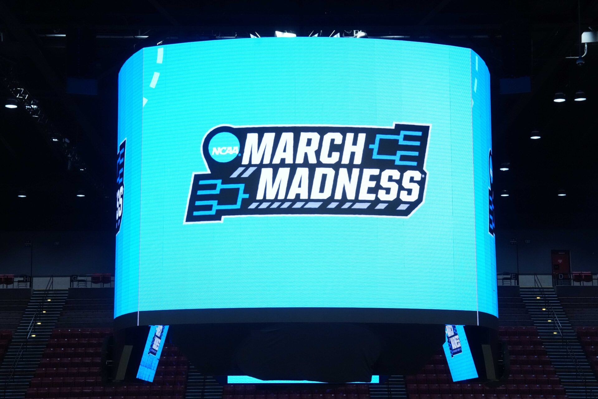 A general overall view of the March Madness logo on the video board during a second round game of the men's 2026 NCAA Tournament at Viejas Arena.