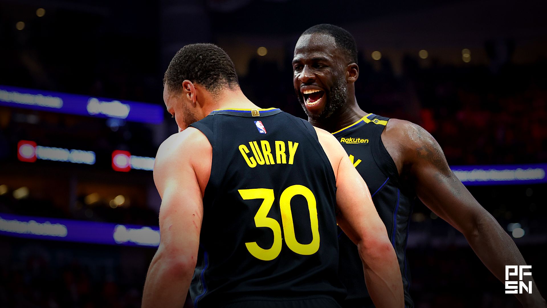 Golden State Warriors forward Draymond Green (23) celebrates with guard Stephen Curry (30) during game seven of the first round for the 2025 NBA Playoffs against the Houston Rockets at Toyota Center.