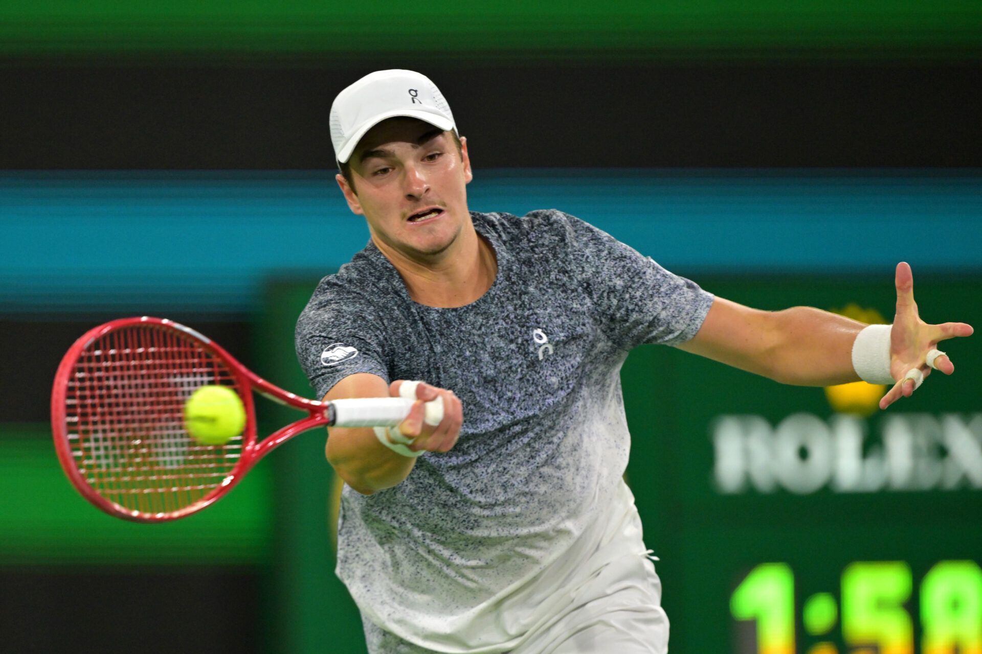 Joao Fonseca (BRA) hits a shot during his the fourth round against Jannik Sinner (ITA) in the BNP Paribas Open at the Indian Wells Tennis Garden.