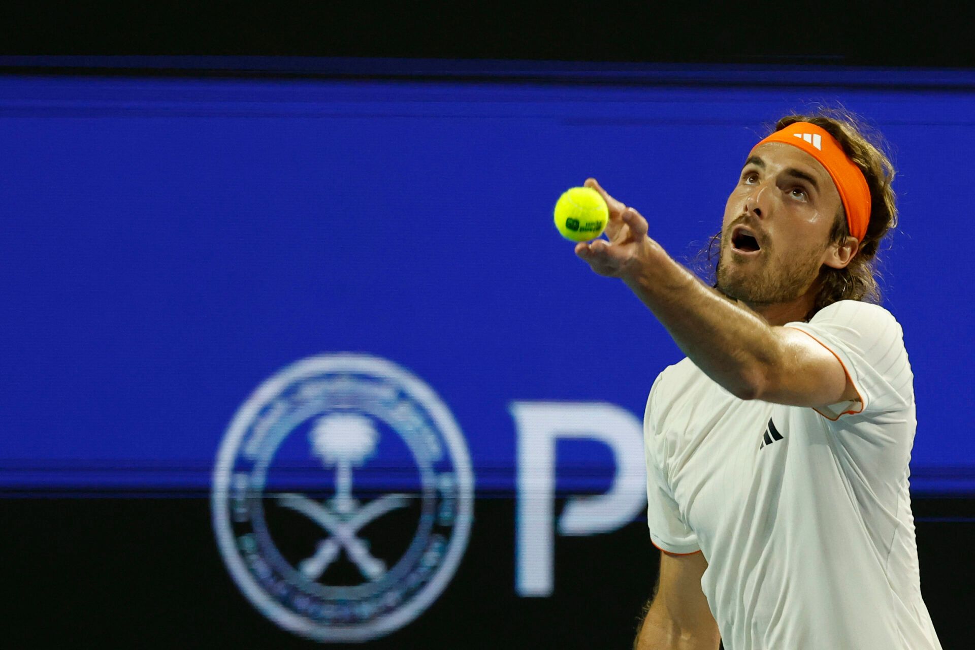 Stefanos Tsitsipas (GRE) serves against Arthur Fils (FRA) (not pictured) on day six of the 2026 Miami Open at Hard Rock Stadium.