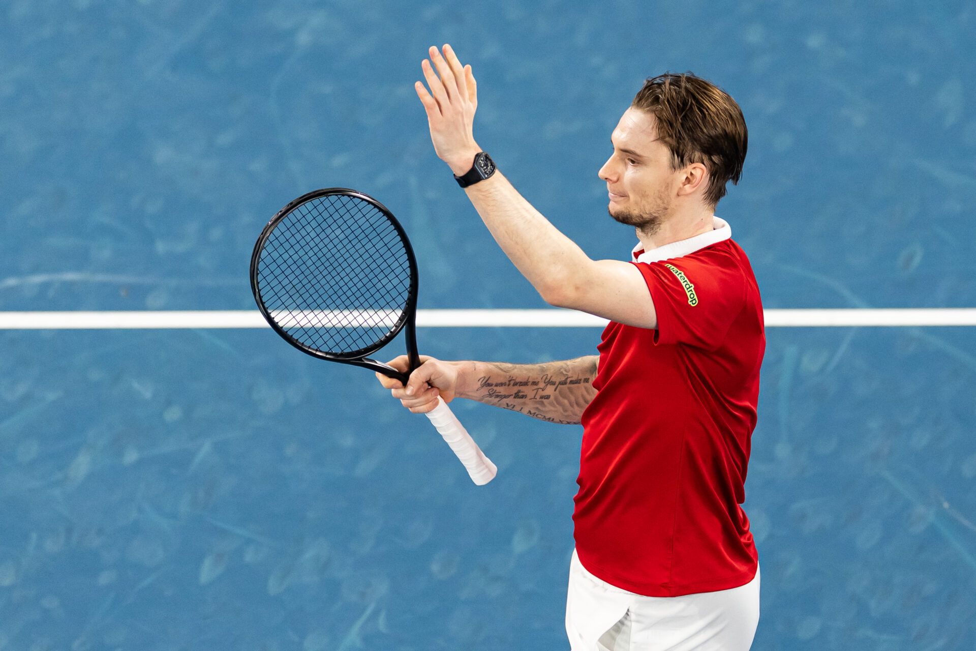 Alexander Bublik of Kazakhstan in action against Jenson Brooksby of United States in the first round of the men’s singles at the Australian Open at Margaret Court Arena in Melbourne Park.