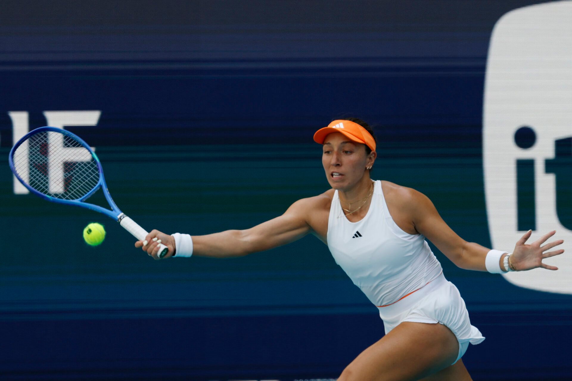 Jessica Pegula (USA) reaches for a forehand against Elena Rybakina (KAZ) (not pictured) on day nine of the 2026 Miami Open at Hard Rock Stadium.
