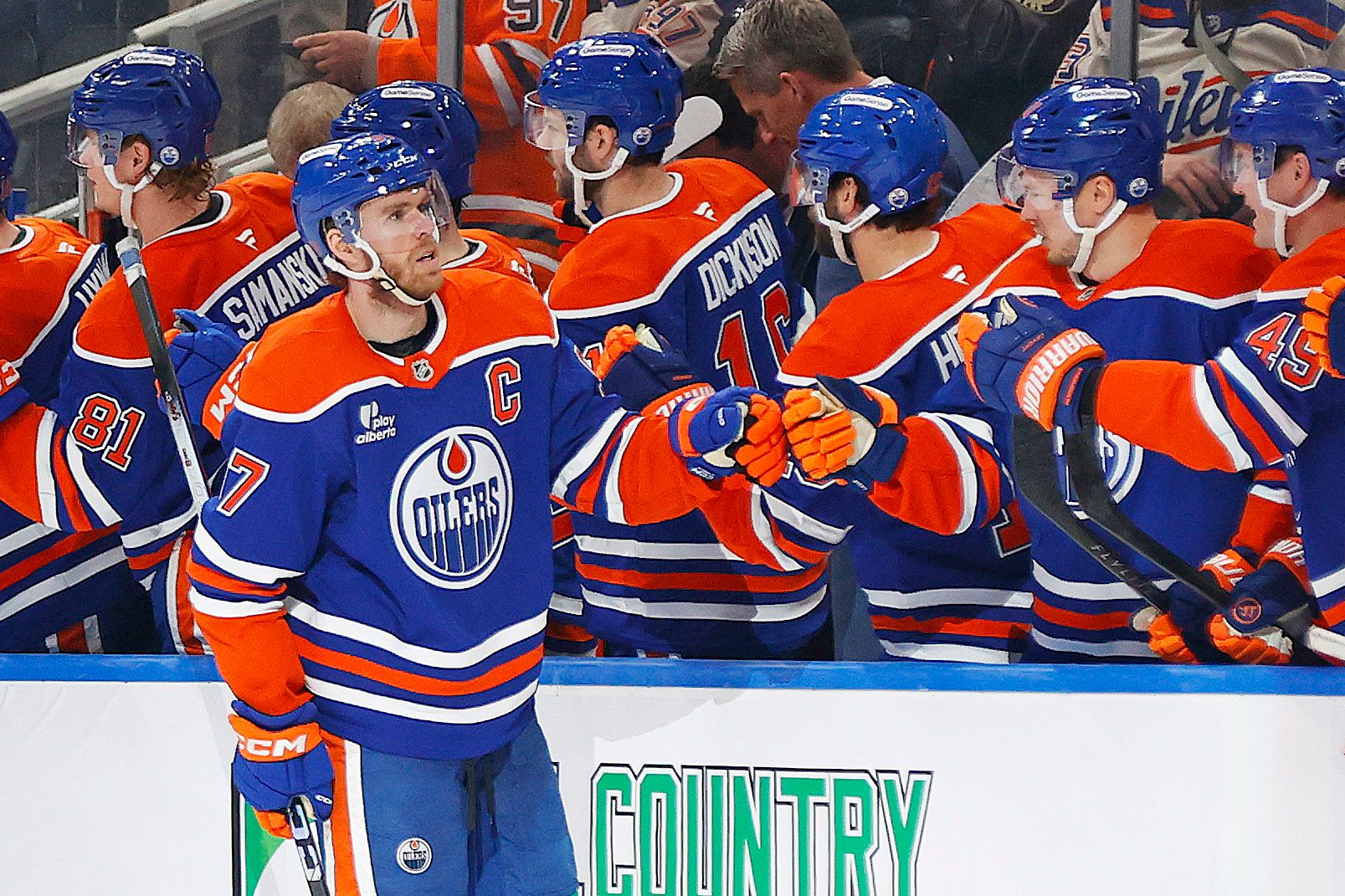 The Edmonton Oilers celebrate a goal scored by forward Connor McDavid (97) during the second period against the Anaheim Ducks at Rogers Place.