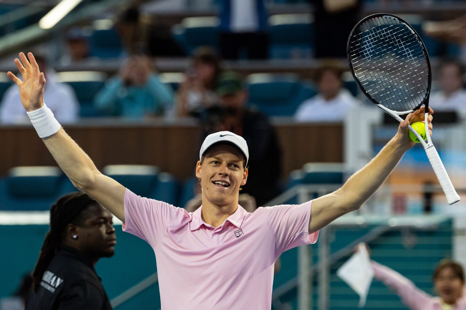 Jannik Sinner of Italy celebrates his victory over Jiri Lehecka of the Czech Republic in the final of the men’s singles at the Miami Open at the Hard Rock Stadium.