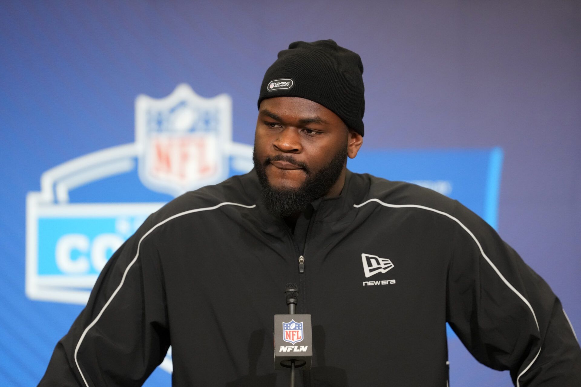 Florida defensive lineman Caleb Banks (DL02) speaks during the NFL Scouting Combine at the Indiana Convention Center.