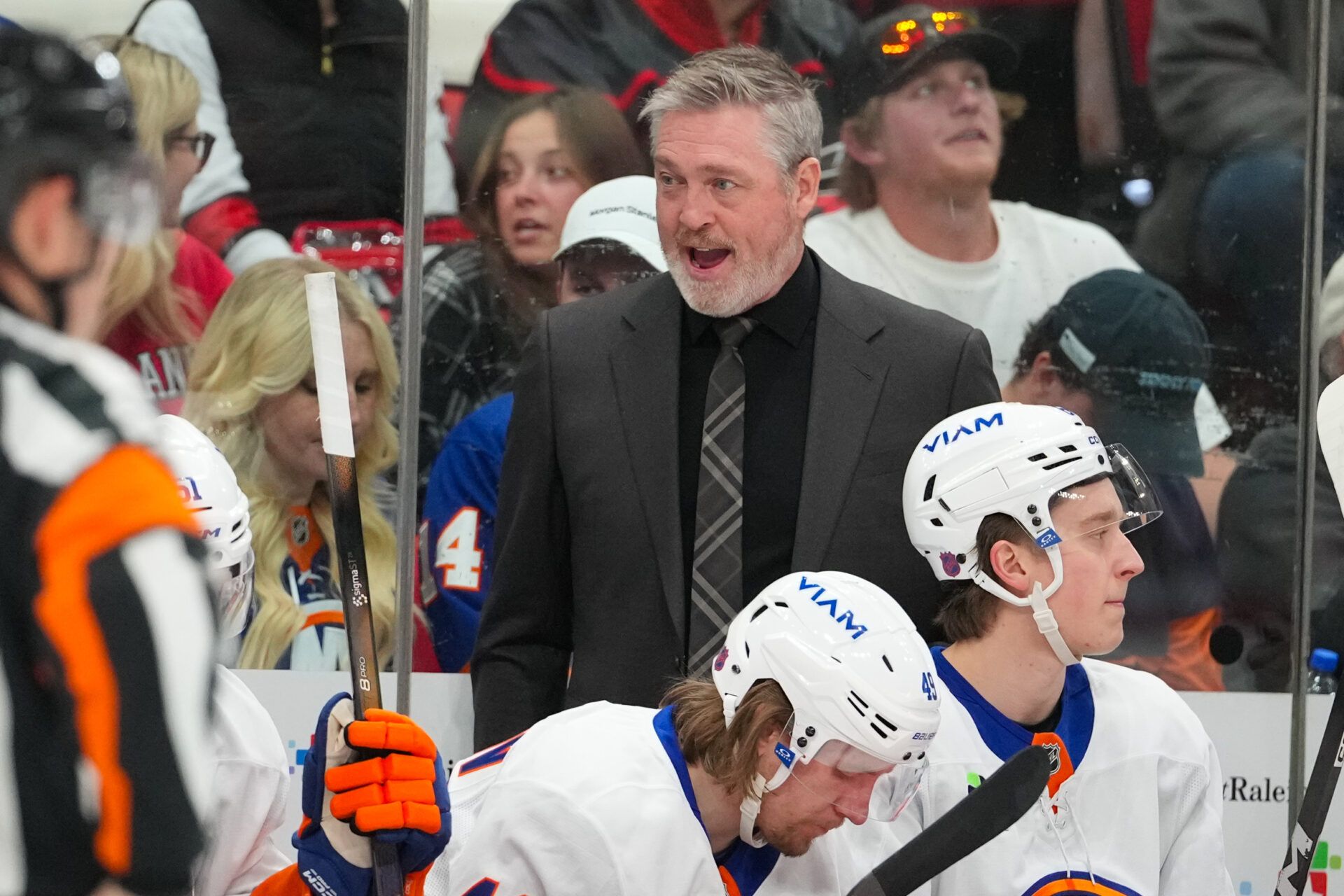 New York Islanders head coach Patrick Roy reacts against the Carolina Hurricanes during the first period at Lenovo Center.