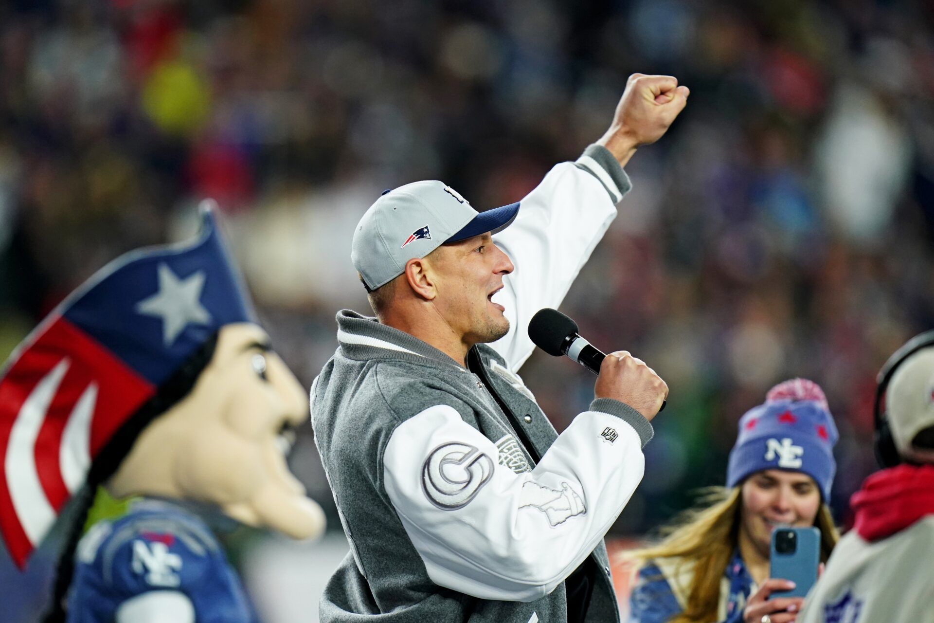 Rob Gronkowski celebrates after the game against the New York Jets at Gillette Stadium.