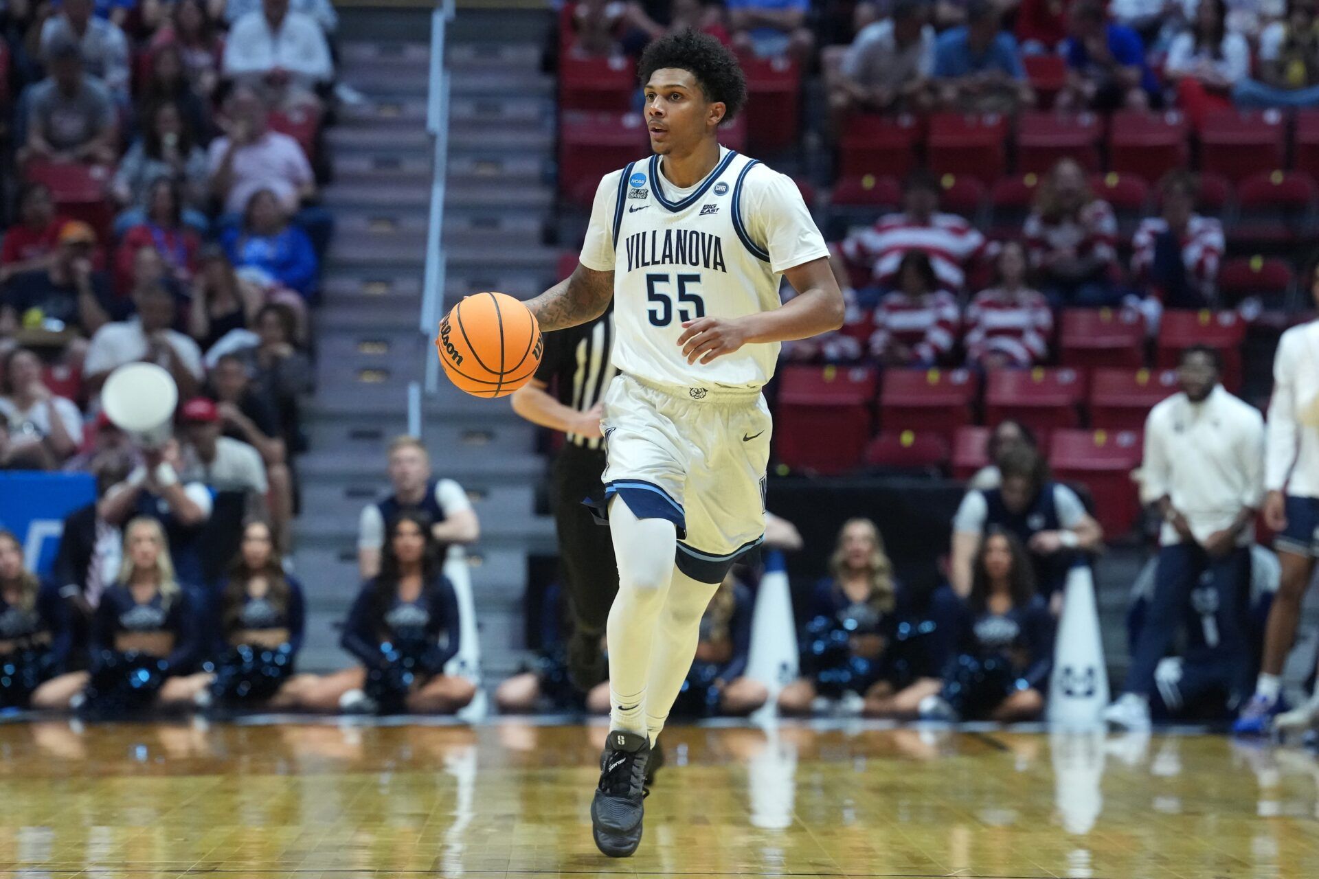 Villanova Wildcats guard Acaden Lewis (55) controls the ball against the Utah State Aggies in the second half during a first round game of the men's 2026 NCAA Tournament at Viejas Arena.