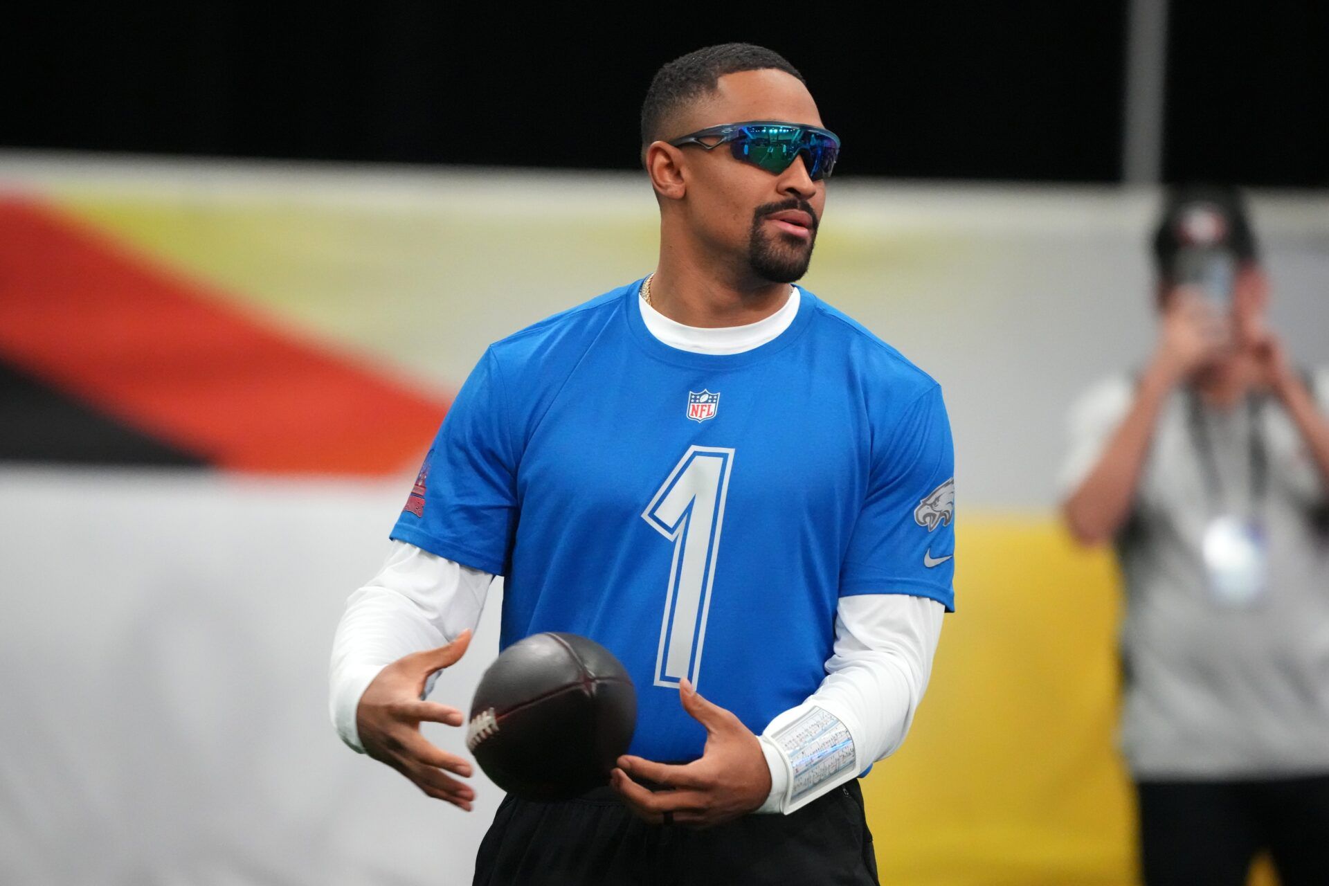 Philadelphia Eagles quarterback Jalen Hurts (1) during NFC practice at the Flag Fieldhouse Moscone Center South Building.