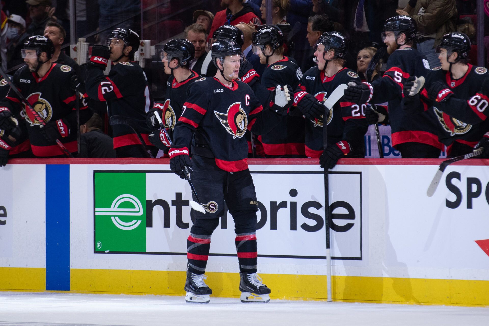 Ottawa Senators left wing Brady Tkachuk (7) celebrates with team his goal scored in the second period against the Carolina Hurricanes  at the Canadian Tire Centre.