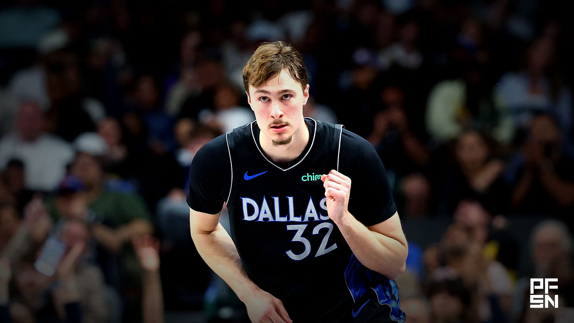 Dallas Mavericks forward Cooper Flagg (32) reacts after scoring against the Los Angeles Lakers during the second half at American Airlines Center.