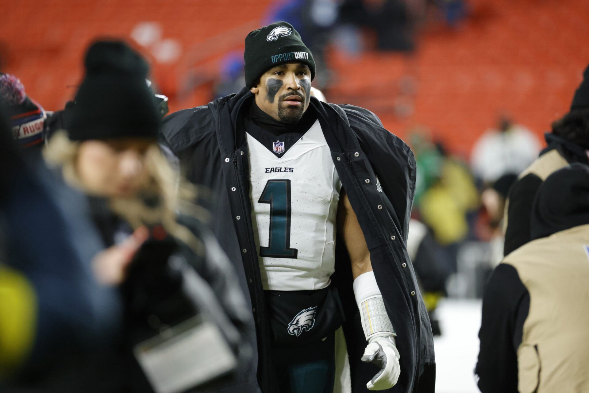 Philadelphia Eagles quarterback Jalen Hurts (1) walks off the field after the game against the Washington Commanders at Northwest Stadium.