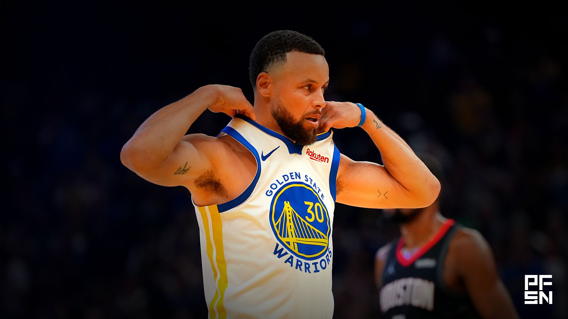 Golden State Warriors guard Stephen Curry (30) checks into the game against the Houston Rockets in the first quarter at the Chase Center.