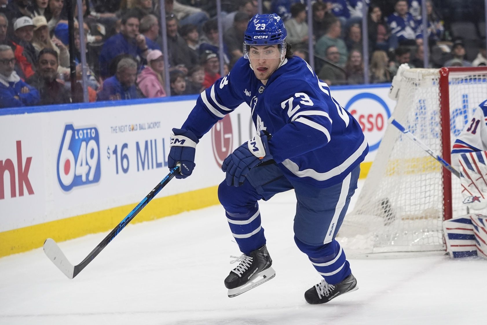 Toronto Maple Leafs forward Matthew Knies (23) skates against the New York Rangers during the first period at Scotiabank Arena.
