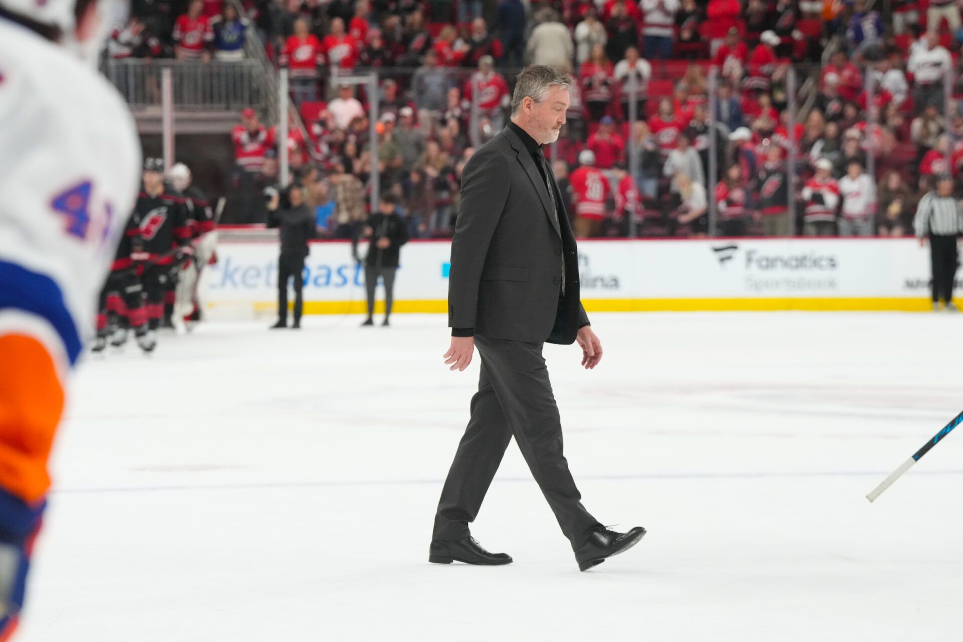 Former New York Islanders head coach Patrick Roy walks off the ice at Lenovo Center.
