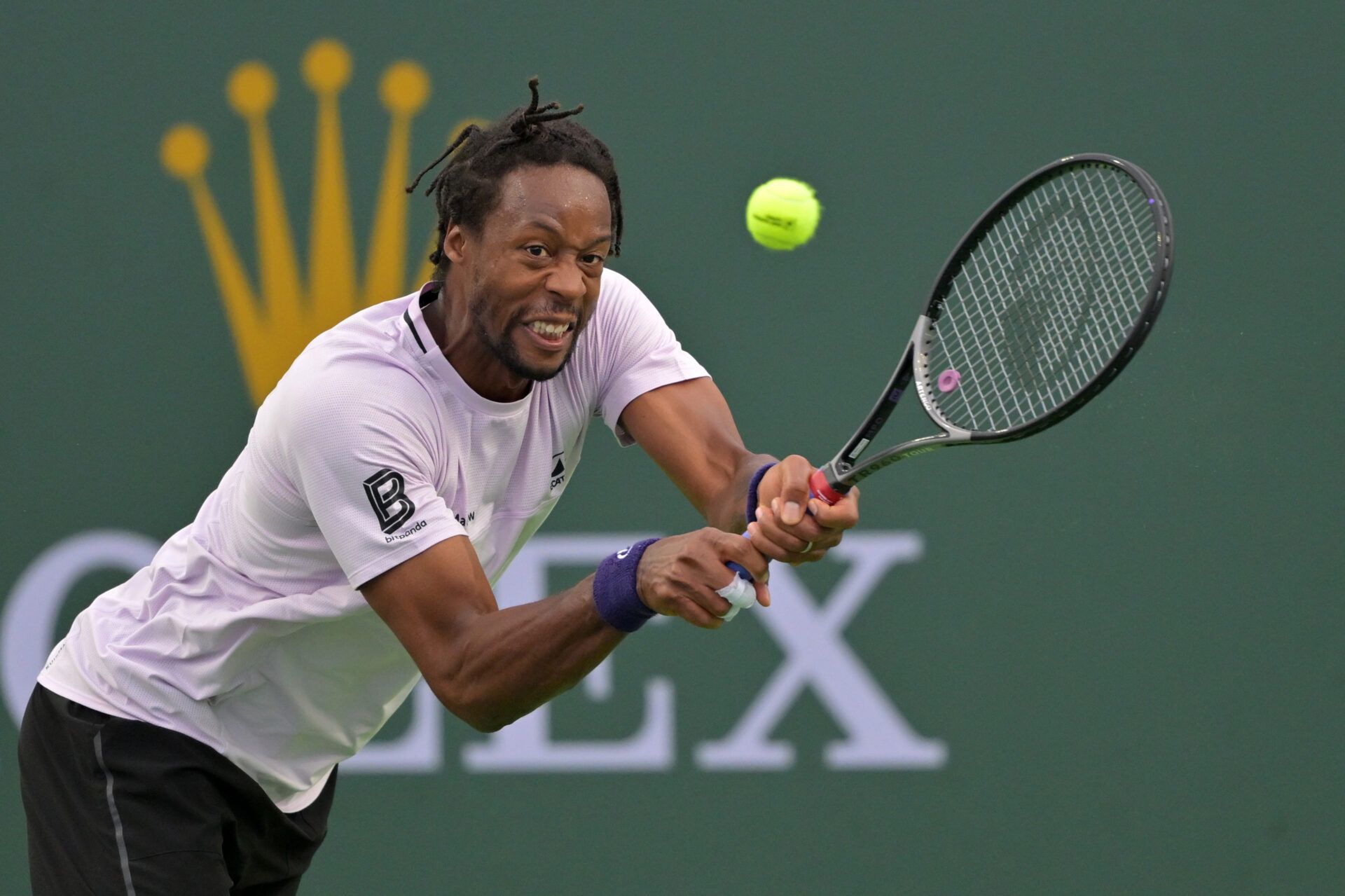 Gael Monfils (FRA) during his second round match against Felix Auger-Aliassime (CAN) in the BNP Paribas Open at the Indian Wells Tennis Garden.