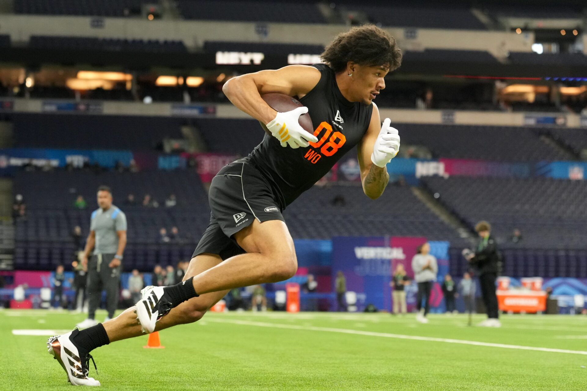 Washington wideout Denzel Boston (WO08) during the NFL Scouting Combine at Lucas Oil Stadium.