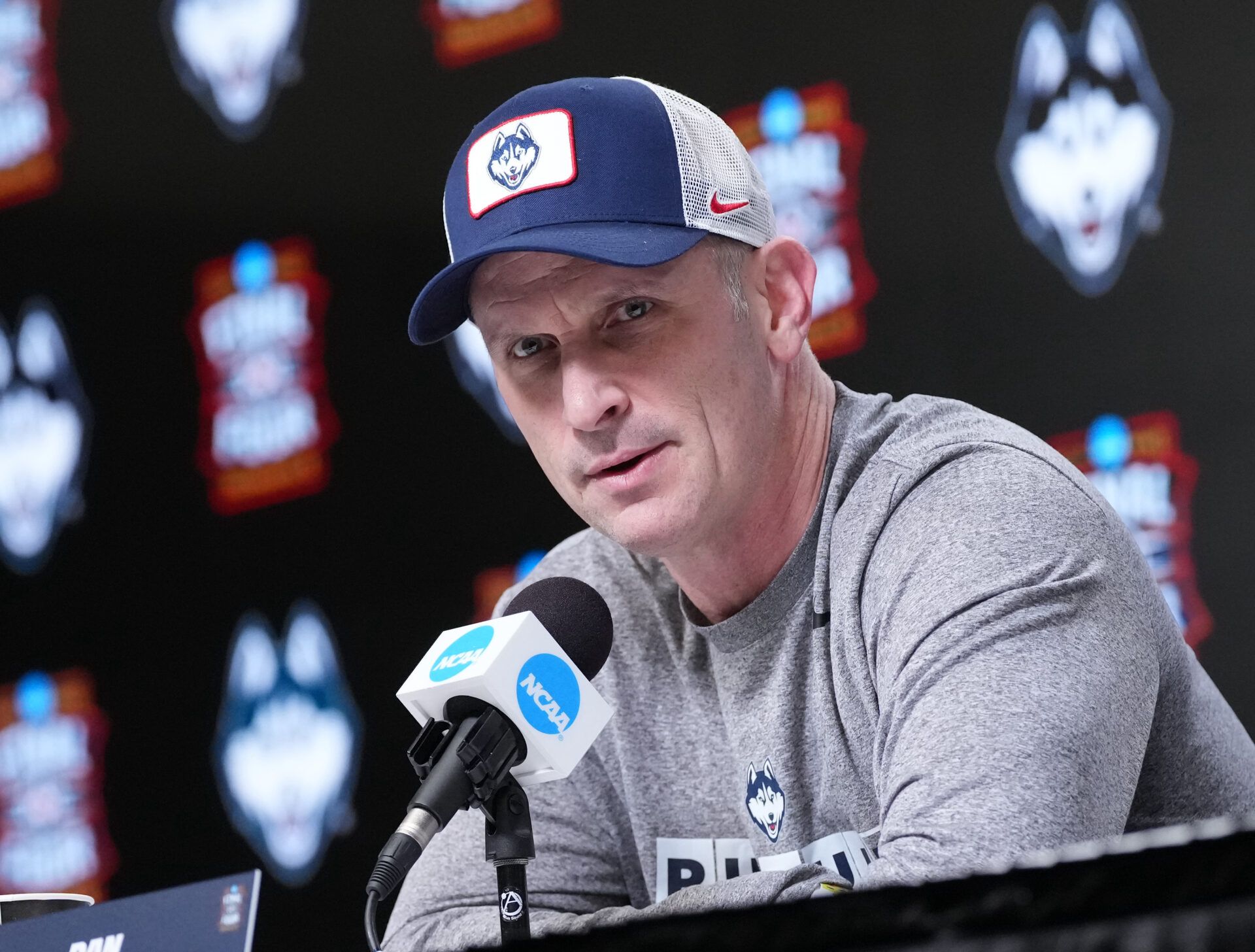 UConn's head coach Dan Hurley during a press conference ahead of the Final Four of the men's 2026 NCAA Tournament at Lucas Oil Stadium.