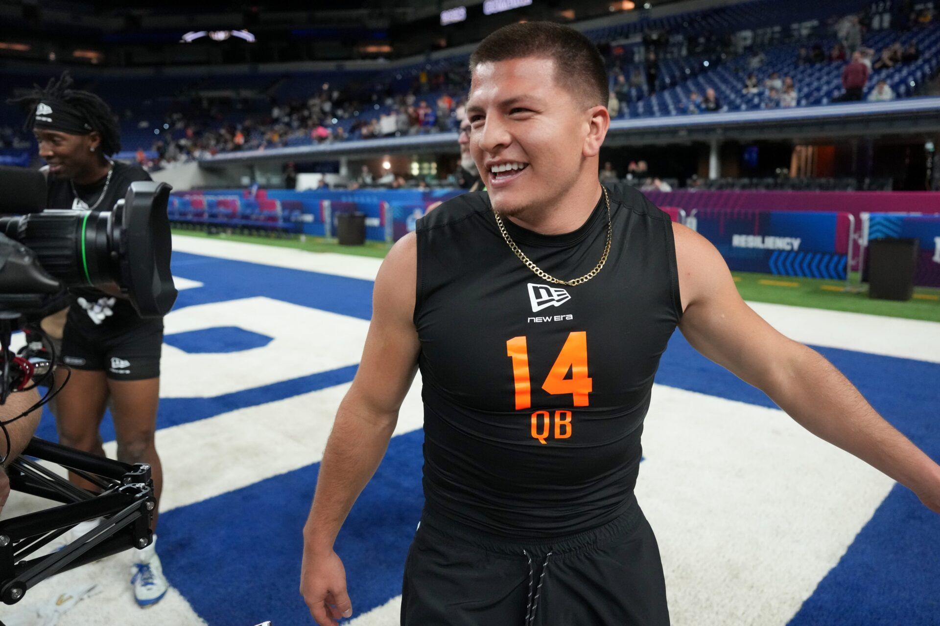 Vanderbilt quarterback Diego Pavia (QB14) during the NFL Scouting Combine at Lucas Oil Stadium.