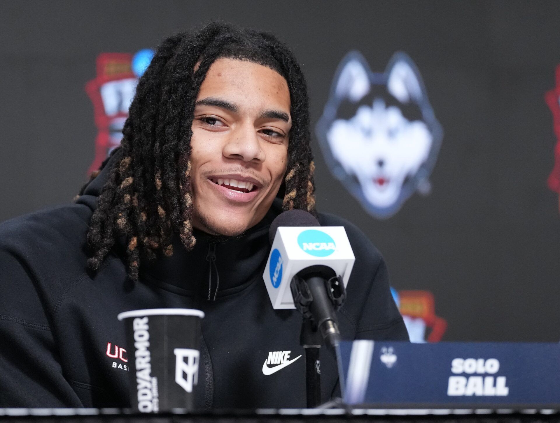 UConn's Solo Ball during a press conference ahead of the Final Four of the men's 2026 NCAA Tournament at Lucas Oil Stadium.