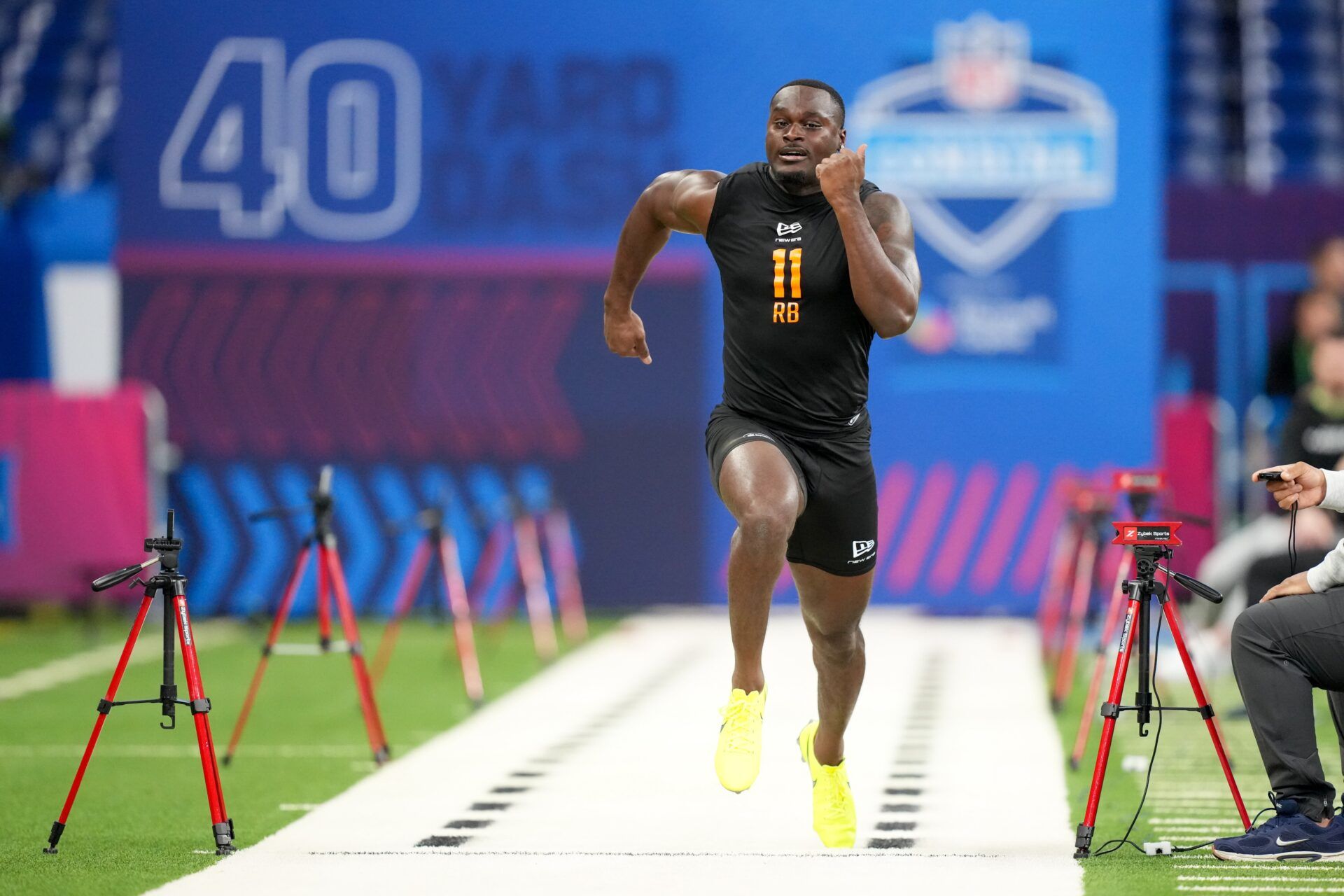 Notre Dame running back Jeremiyah Love (RB11) during the NFL Scouting Combine at Lucas Oil Stadium.
