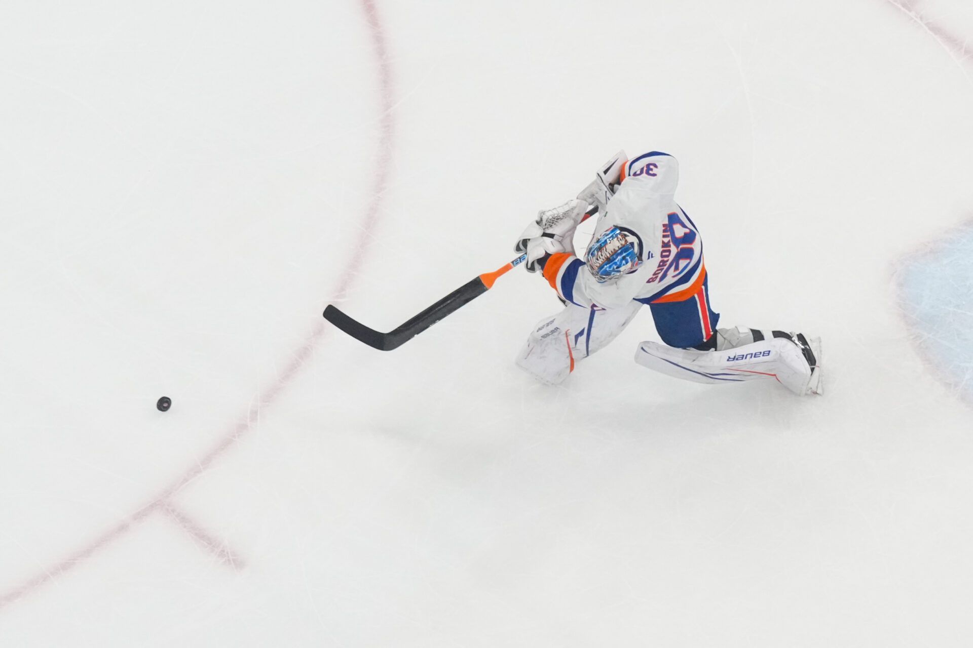 New York Islanders goaltender Ilya Sorokin (30) makes a pass against the Carolina Hurricanes during the second period at Lenovo Center.