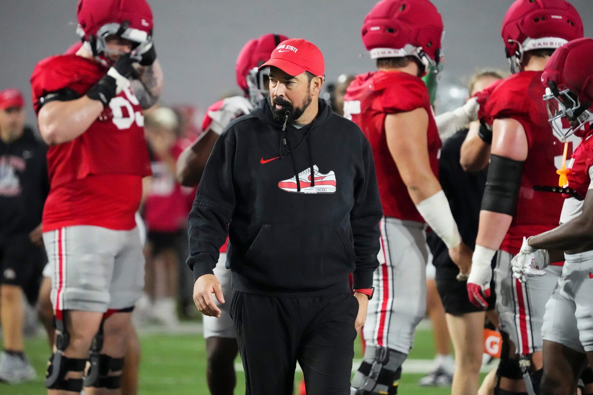 Ohio State Buckeyes head coach Ryan Day watches during Student Appreciation Day spring practice at the Woody Hayes Athletic Center on April 4, 2026.