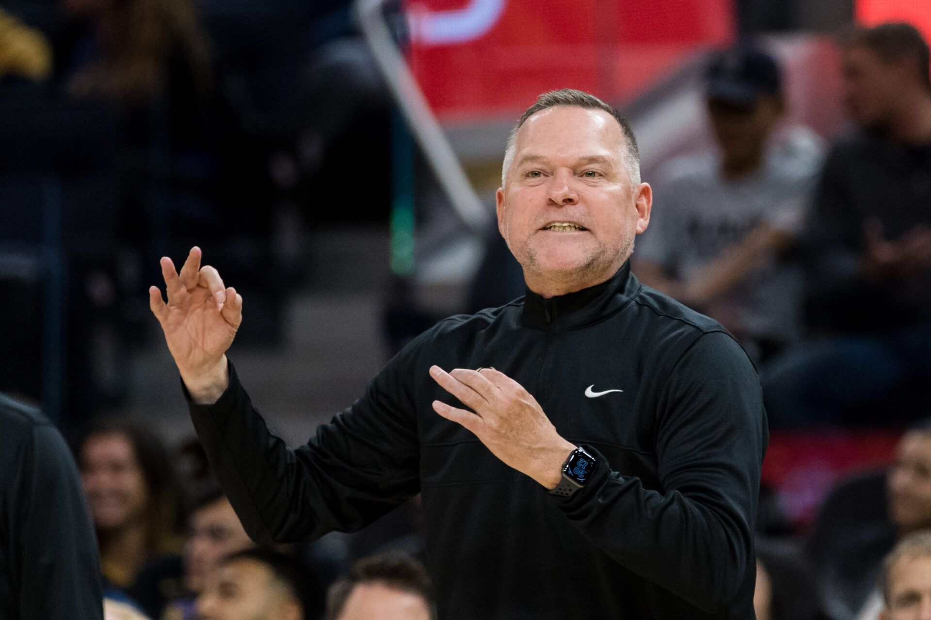 Denver Nuggets head coach Mike Malone reacts against the Golden State Warriors during the first half at Chase Center.