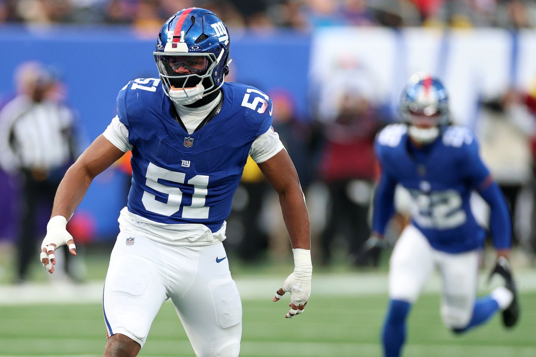 New York Giants linebacker Abdul Carter (51) reacts after a tackle against the Minnesota Vikings during the second half at MetLife Stadium.