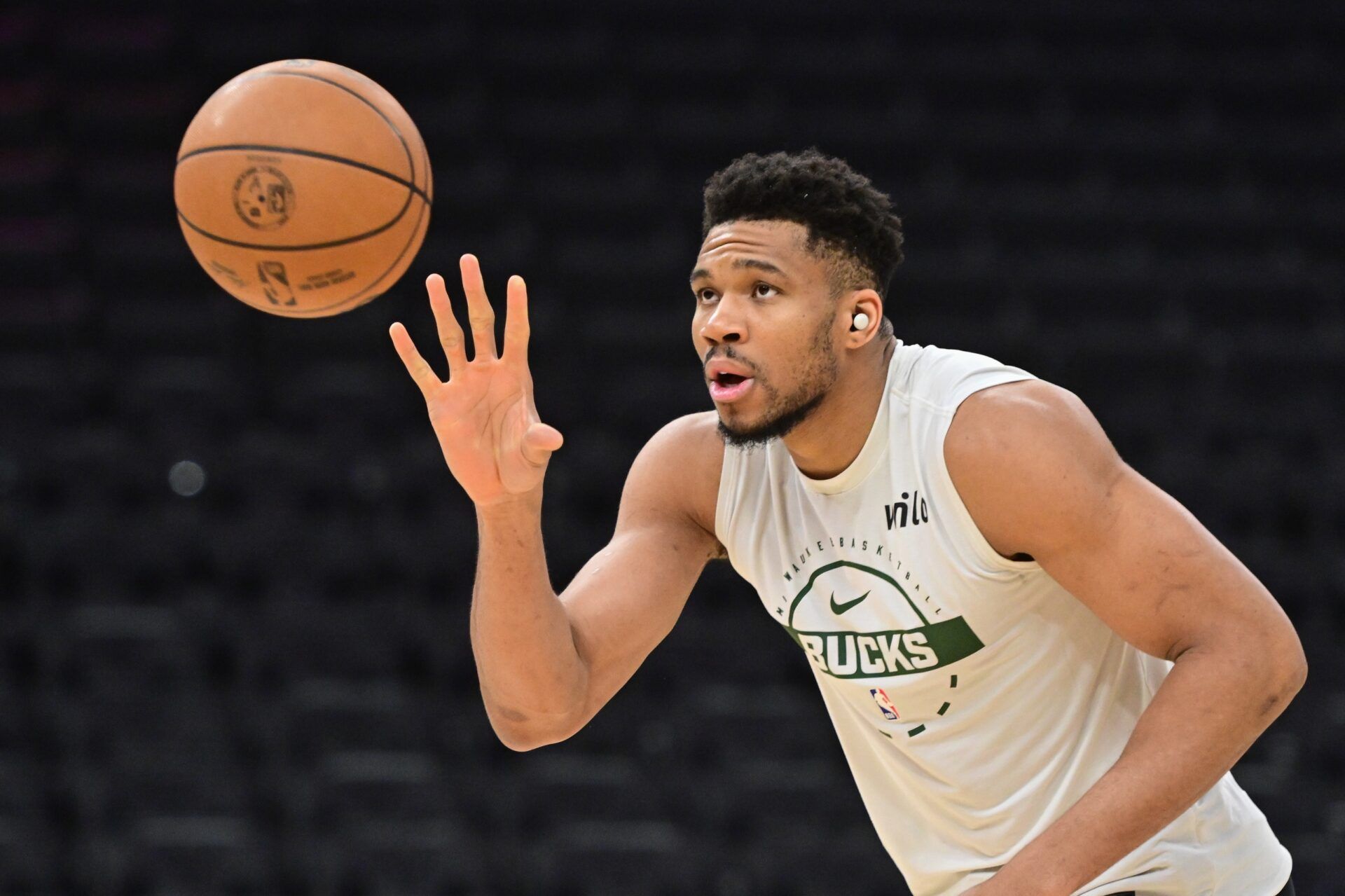 Milwaukee Bucks forward Giannis Antetokounmpo (34) warms up before game against the Indiana Pacers at Fiserv Forum.