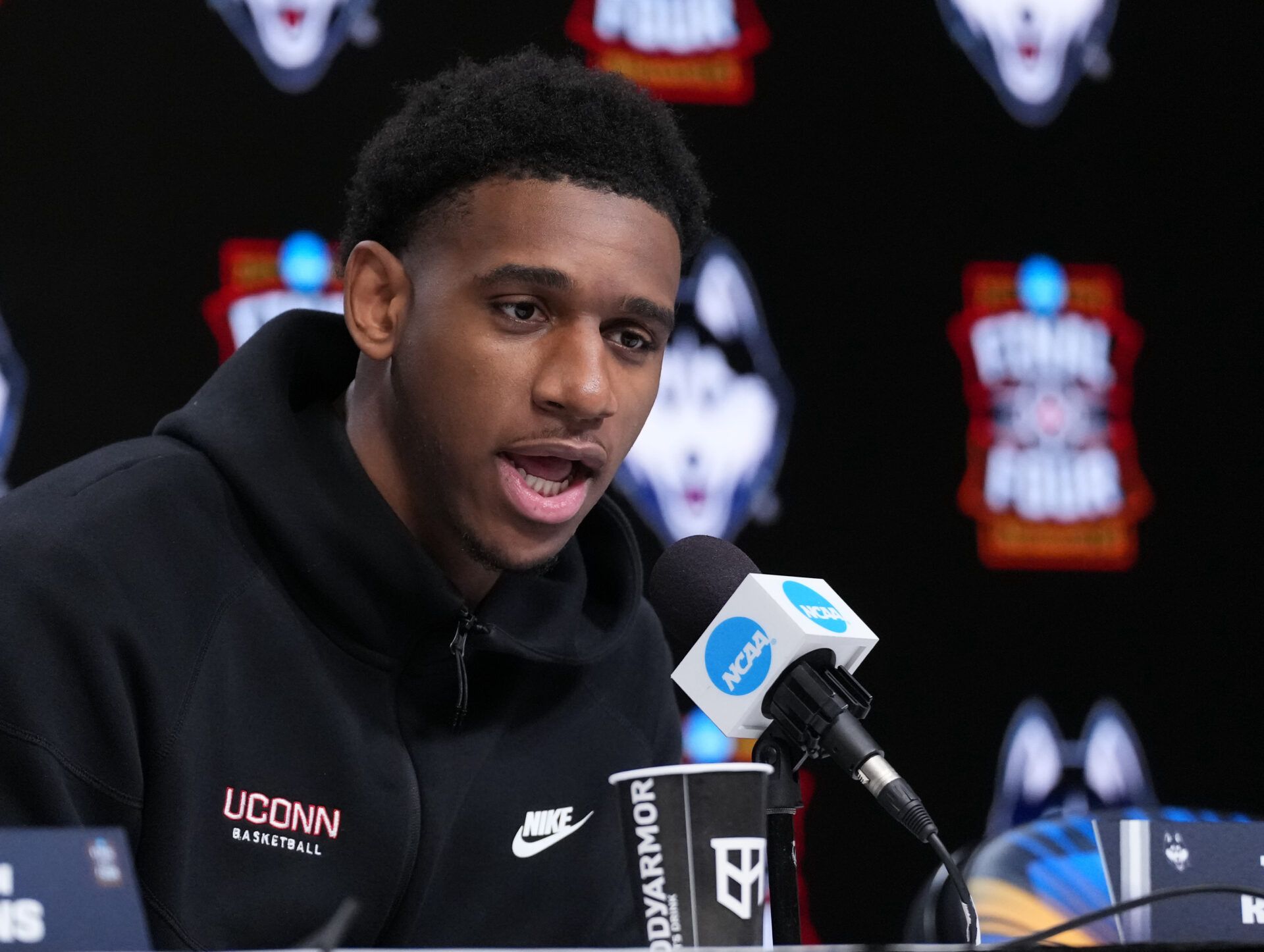 UConn's Tarris Reed Jr., during a press conference ahead of the Final Four of the men's 2026 NCAA Tournament at Lucas Oil Stadium.
