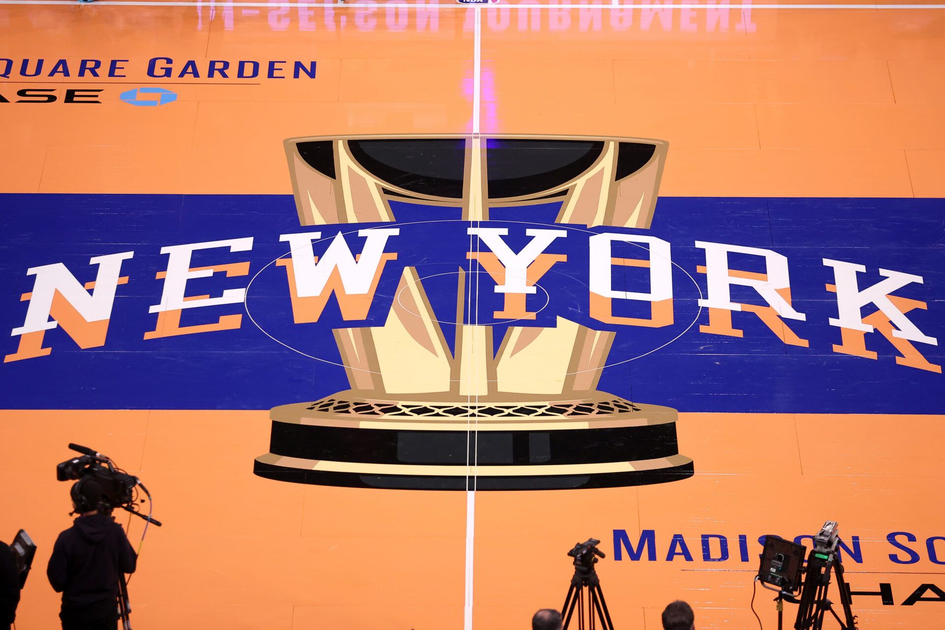General view of the in-season tournament court logo during warmups before a game between the New York Knicks and the Miami Heat at Madison Square Garden.