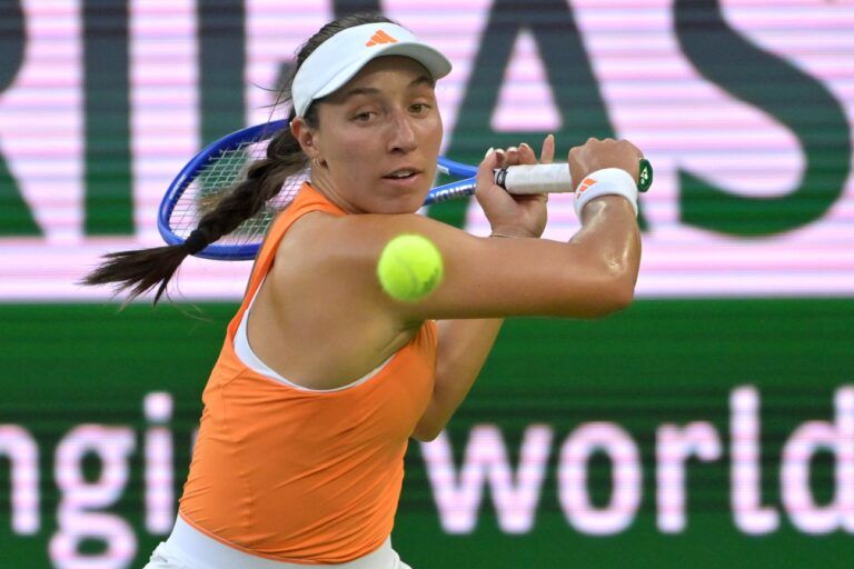 Jessica Pegula (USA) hits a shot in her quarterfinal against Elena Rybakina (KAZ) during the BNP Paribas Open at the Indian Wells Tennis Garden.
