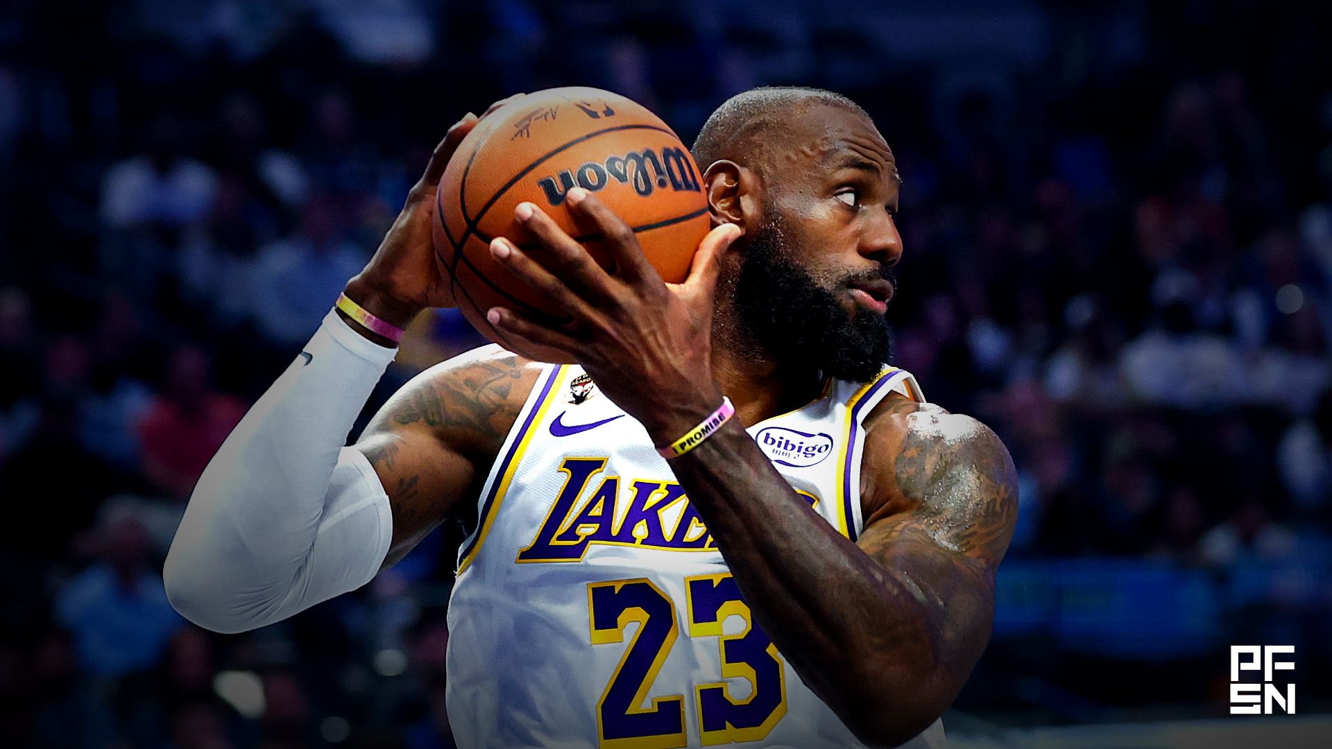 Los Angeles Lakers forward LeBron James (23) grabs a rebound during the first quarter against the Dallas Mavericks at American Airlines Center.