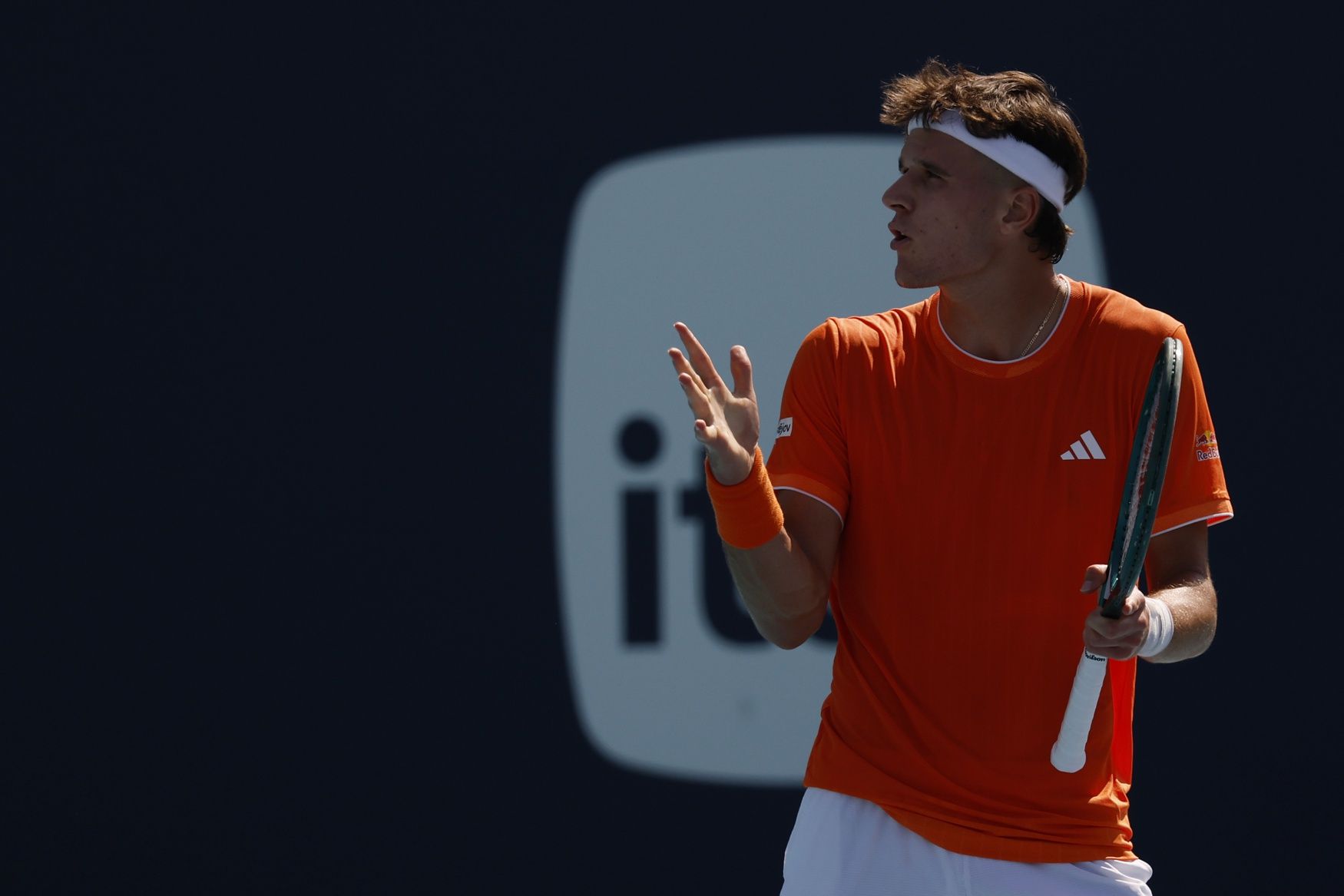 Jakub Mensik (CZE) reacts after missing a shot against Frances Tiafoe (USA) (not pictured) on day 7 of the 2026 Miami Open at Hard Rock Stadium.